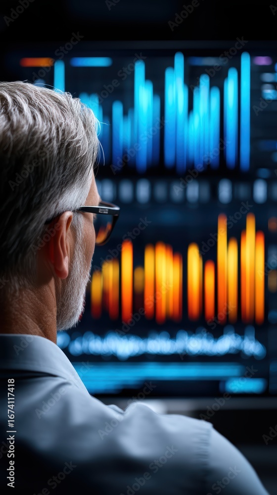Poster focused businessman working late, analyzing data on computer screen in office setting