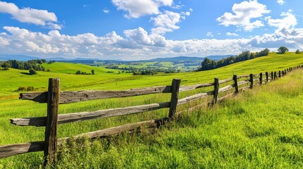 Rustic countryside wooden fence with scenic meadow, bright blue sky, peaceful rural hills, outdoor travel inspiration