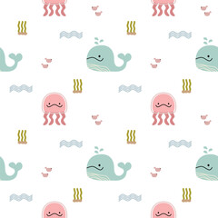 Whale and jellyfish smile cartoon so cute. On seaweed fish wane white background. Pattern seamless vector illustration. 