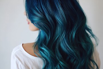 Obraz premium Vibrant teal-blue waves of hair cascade down a woman's back, showcasing a striking style against a light gray backdrop.