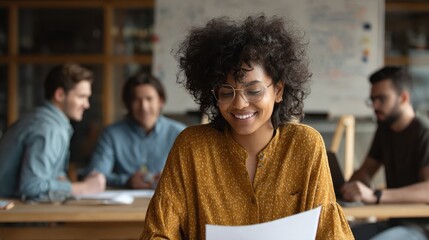 happy young african american woman brainstorming marketing ideas about project strategy among diverse multiracial coworkers business startup creative team or students group in office holding papers n