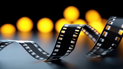 Close-up of film strip with bokeh lights in background