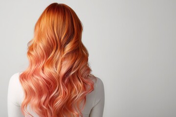 Naklejka premium A woman's back view showcases vibrant, wavy, ombre-styled, reddish-orange hair against a neutral backdrop.