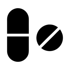 Simple black and white medication pills icon representing medicine, health, and treatment