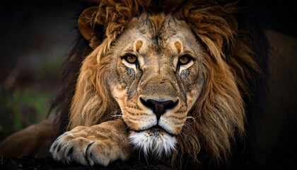 Fototapeta premium A close-up portrait of a magnificent lion, showcasing its intricate details and regal expression against a dark backdrop.