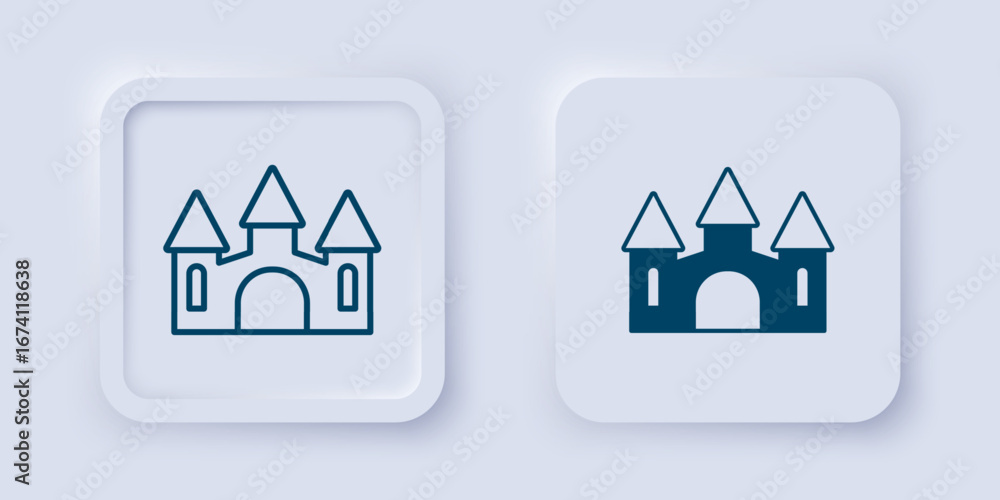 Poster filled and outline castle icon isolated on grey background. medieval fortress with a tower. protecti