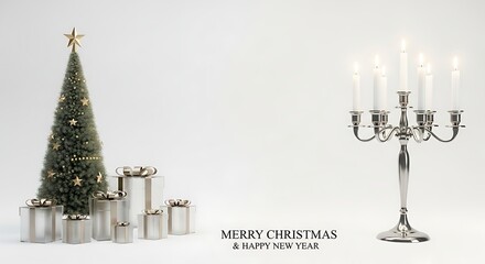 Elegant Christmas tree and gifts beside a lit candelabra create a festive holiday scene