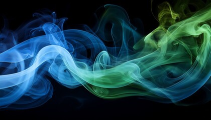 colorful blue and green smoke trails intertwine gracefully against a dark backdrop creating a mesmerizing dynamic display