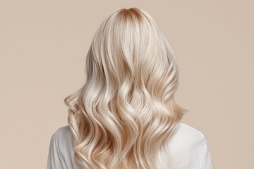 Fototapeta premium Elegant, voluminous blonde hair, highlighted by soft light, cascading in graceful waves against a neutral backdrop.