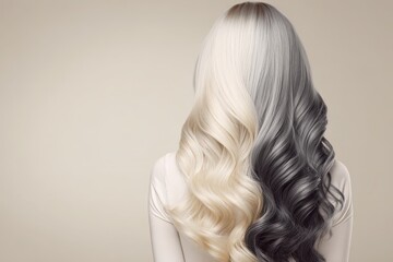 Fototapeta premium Elegant, wavy hair with a striking two-toned color gradient, showcasing a sophisticated style against a neutral backdrop.