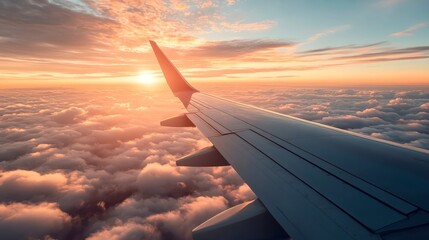 Scenic sunset view of airplane wing above dreamy clouds sky horizon inspiring wanderlust, lifestyle travel, and aviation campaigns