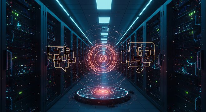 Server Room with Data Flow and Communication Icons - Powered by Adobe
