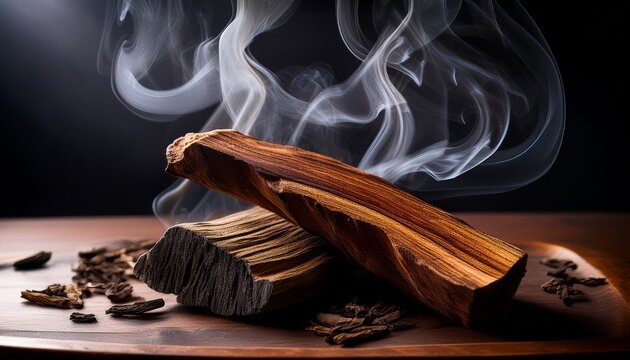 elegant oud wood chips emitting aroma and intricate smoke patterns