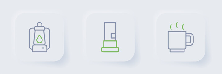 Set line Coffee cup, Cartridges and Camping lantern icon. Vector