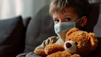 Child sitting with teddy bear wearing protective mask symbolizing pandemic isolation sadness vulnerability safety