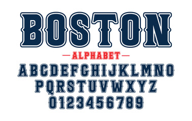 American college classic font. Vintage sports font in American style for T-shirt designs for football, baseball, and basketball teams. College, school and varsity style font, tackle twill. Vector
