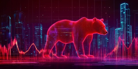 Glowing futuristic bear symbolizing bearish market crash with red neon lines financial decline economy trading concept illustration