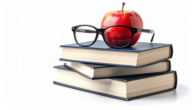 The classic teacher's gift, a red apple, sits with reading glasses on a stack of educational books against a clean white background