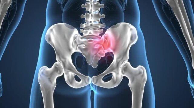 3D medical animation of sacroiliac (SI) joint pain in the pelvis.