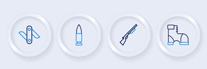 Set line Hunter boots, Hunting gun, Bullet and Swiss army knife icon. Vector