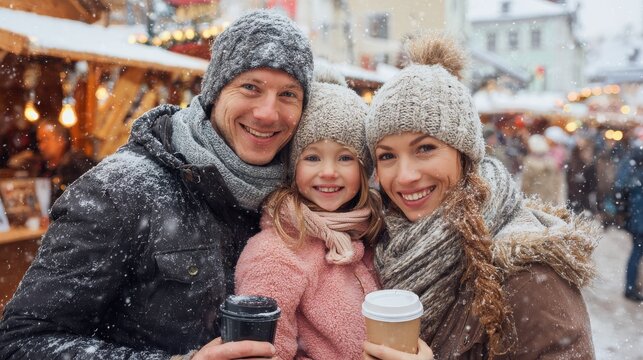family winter holidays and celebration concept  happy mother father and little daughter at christmas market on town hall square in tallinn estonia over snow no logos no brands ar 169 - Powered by Adobe