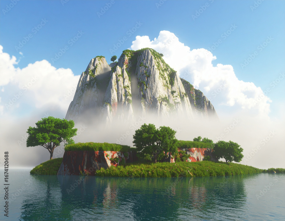 Poster floating island, mist and surreal landscape: colossal floating island is swathed in mist, creating s