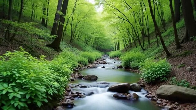 A serene stream flowing through a vibrant green forest. mountain path