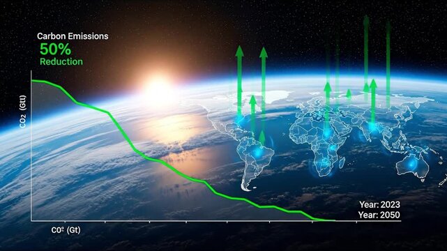Chart overlays Earth view green CO2 reduction graph green arrows rising above continents and text indicating 50 Reduction and Year 2023 Year 2050