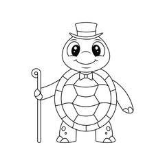 Dapper Cartoon Turtle with Top Hat and Cane – Black and White Coloring Page.