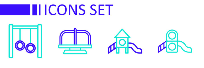 Set line Slide playground, Attraction carousel and Gymnastic rings icon. Vector