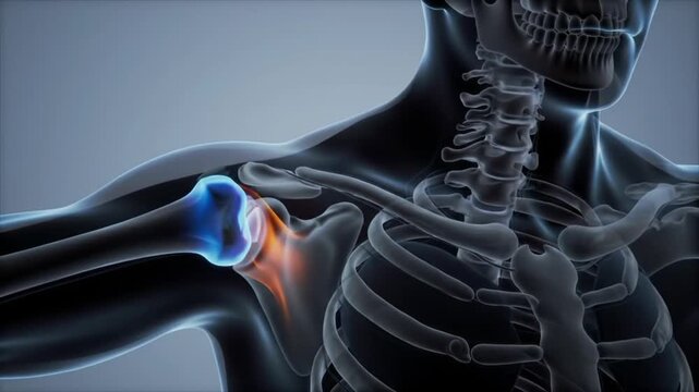 3D medical animation of a painful shoulder dislocation. Acute trauma.