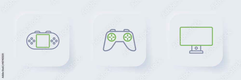 Aufkleber set line computer monitor, game controller joystick and portable video game console icon. vector