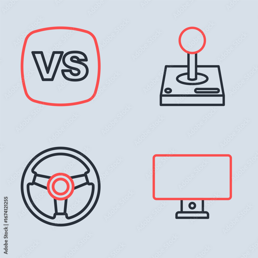 Poster set line joystick for arcade machine, racing simulator, computer monitor and vs versus battle icon. 