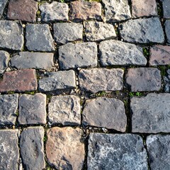Fototapeta premium Close-up view of a textured cobblestone pavement, showcasing a variety of muted gray and brown stones, with small patches of green moss and dirt between the paving stones.