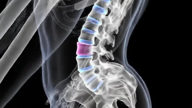 3D animation of spondylolisthesis, showing a slipped vertebra in the spine.