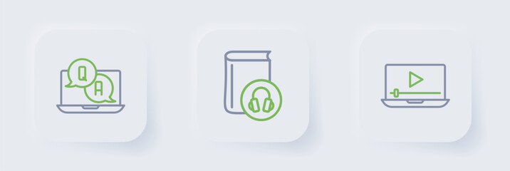 Set line Online play video, Audio book and Question and Answer icon. Vector