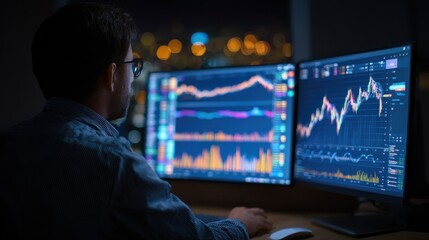 serious business man trader analyst looking at computer monitor investor broker analyzing indexes financial chart trading online investment data on cryptocurrency stock market graph on pc screen no l