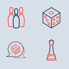 Set line Game dice, Chess and Bowling pin icon. Vector
