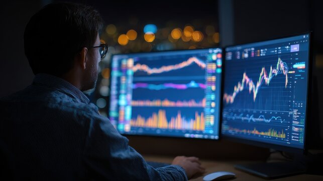 serious business man trader analyst looking at computer monitor investor broker analyzing indexes financial chart trading online investment data on cryptocurrency stock market graph on pc screen no l - Powered by Adobe
