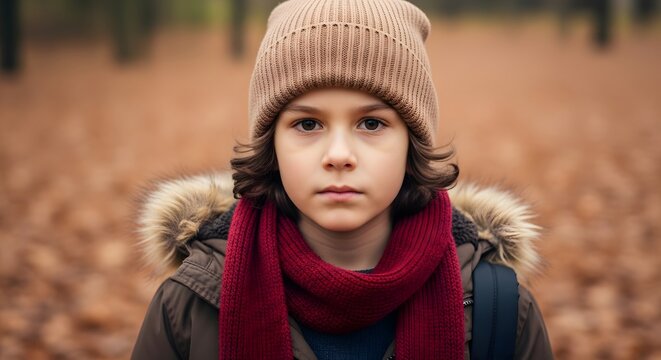 Closeup portrait of a young boy wearing a knitted hat and scarf, looking directly at the camera with a serious expression in an autumn forest