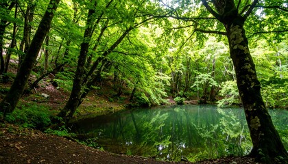 Lush forest pond reflection