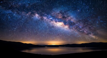 Fototapeta premium Milky Way arching over tranquil mountain lake with vivid star reflections.