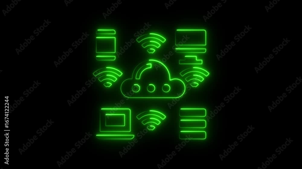 Poster glowing green neon icons representing cloud computing and connectivity wifi wireless