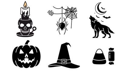 Halloween Icon Set Featuring Jack-O&rsquo;-Lantern, Witch Hat, and Skull Candle