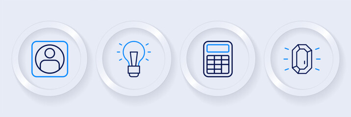Set line Diamond, Calculator, Light bulb and Create account screen icon. Vector
