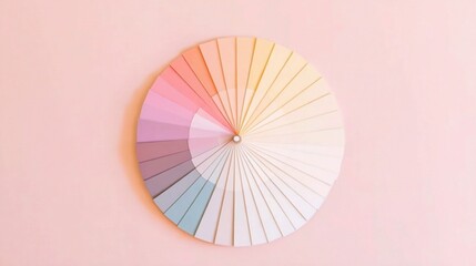 Pastel color palette wheel displayed on soft pink background, circular arrangement of gentle hues including blue, green,yellow,purple, minimal design for creativity, art, fashion,modern inspiration