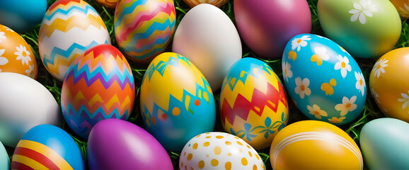 Obraz premium Colorful Easter eggs with decorative patterns. Vibrant painted Easter eggs symbolizing new life. Festive Easter holiday eggs with bright designs.