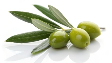 Obraz premium Fresh green olives with leaves on white background
