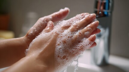 young woman washing cleansing soapy hands in bathroom to prevent coronavirus infection cleaning skin care in foamrubbing hands rinsing with running water covid 19 protection concept close up view no 