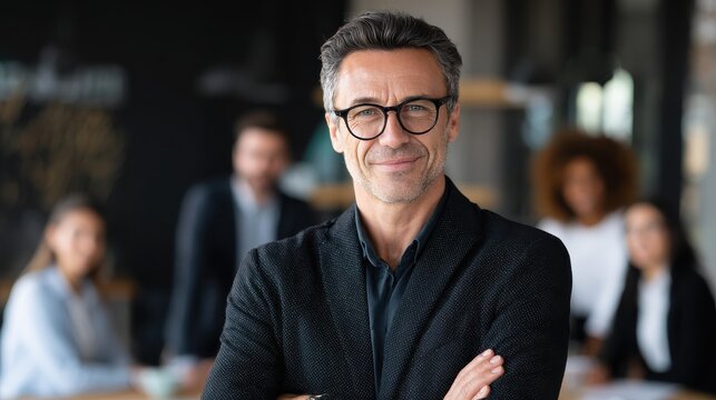 smiling confident mature businessman leader looking at camera standing in office at team meeting male corporate leader ceo executive manager wearing glasses posing for business portrait arms folded n